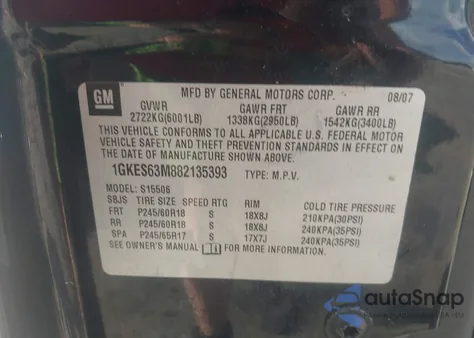 2008 GMC Envoy Denali z USA, uszkodzony, nr VIN 1GKES63M882135393